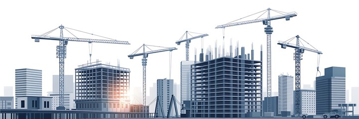 Fototapeta premium Modern cityscape under construction with towering cranes and skyscrapers