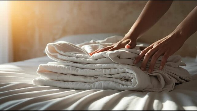 Neatly Folding White Duvet and Bed Linens by Hands on Sunlit Bed Creating Serene and Tidy Atmosphere