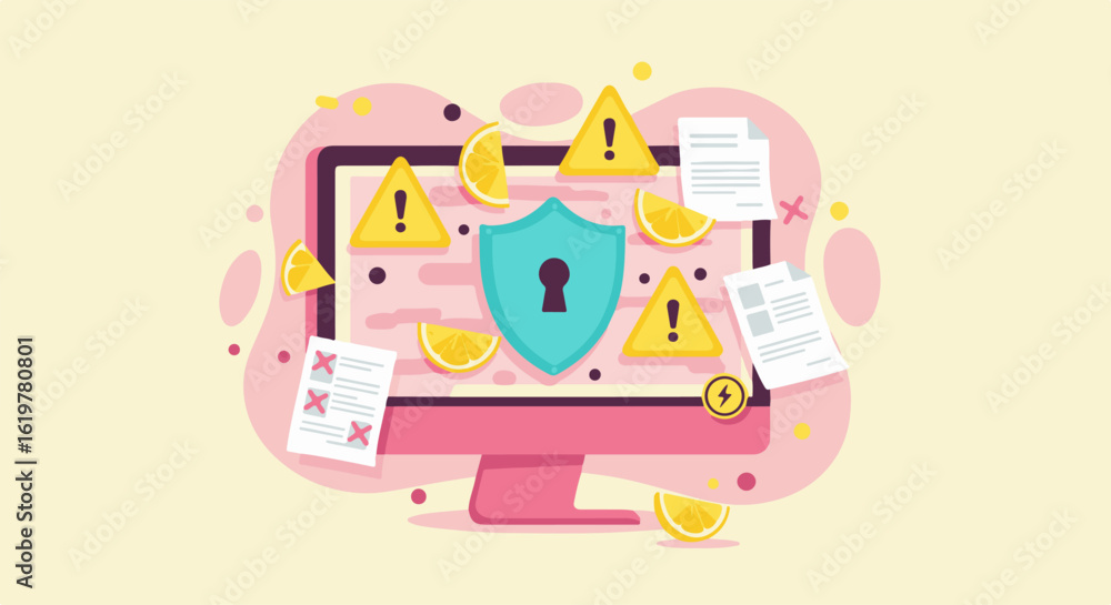 Poster computer screen with security shield amidst warning signs and documents, symbolizing data protection