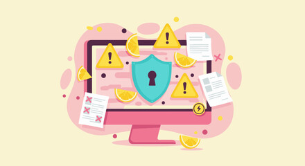 Computer screen with security shield amidst warning signs and documents, symbolizing data protection.