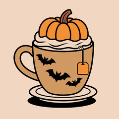 Pumpkin Halloween Tea Cup with Whipped Cream Illustration