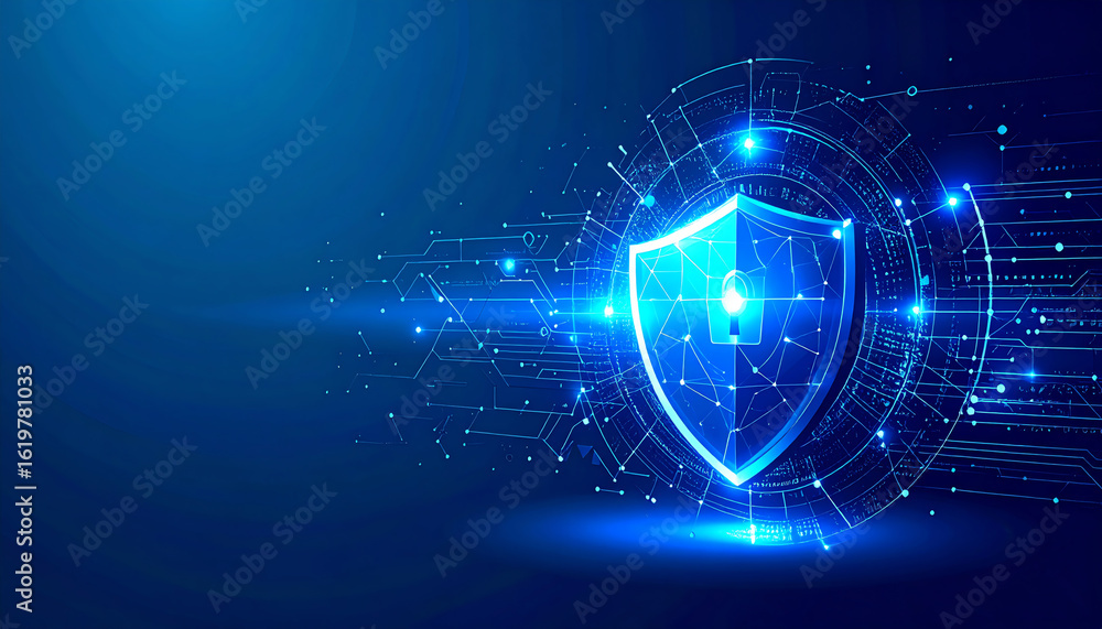 Poster a digital shield representing cybersecurity, featuring a lock and glowing lines, emphasizing protect