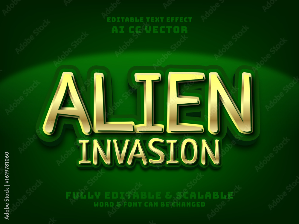 Poster alien 3d text effect. unknown spaceship in galaxy design