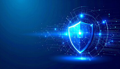 A digital shield representing cybersecurity, featuring a lock and glowing lines, emphasizing protection and technology in a modern context