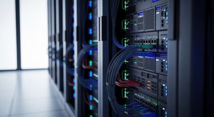 Futuristic data storage environment with colorful illuminated servers and structured cabling.