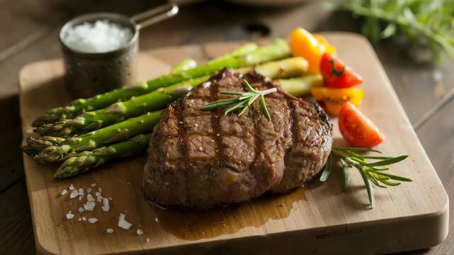 Juicy grilled beef steak seasoned with rosemary, served with asparagus and tomatoes.