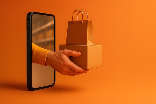 Seamless online to real world delivery visual with hand holding parcels from mobile screen - Powered by Adobe