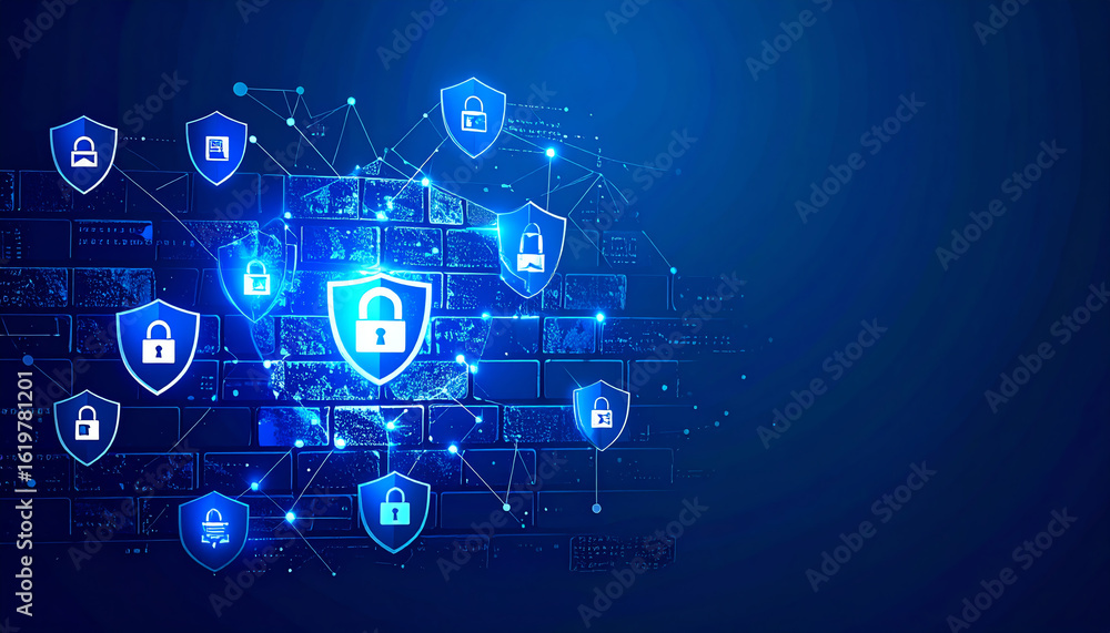 Poster a digital illustration depicting interconnected shields symbolizing cybersecurity, with a blue backg
