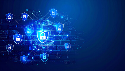 A digital illustration depicting interconnected shields symbolizing cybersecurity, with a blue background and abstract data patterns