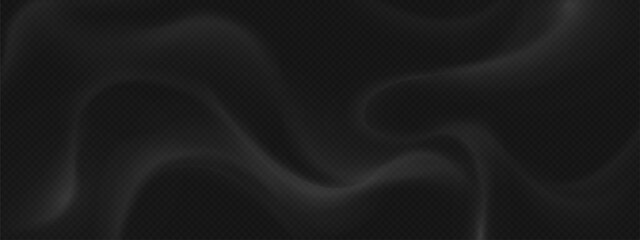 Realistic smoke overlay effect - flowing grey vapor waves on transparent background. Soft fog texture with smooth curves for photo editing, atmospheric visual design elements. Natural mist pattern.