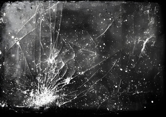 Fractured texture. Old film overlay. White dust scratches grain particles damaged crashed glass weathered effect on dark black abstract background.