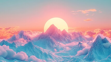 Dreamy mountain landscape with a round sun in surreal golden light, ideal for wallpaper backgrounds, digital art, or nature-themed designs. Minimalist and serene aesthetic.