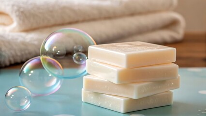 A stack of soap bars with bubbles and towels in the background on a light blue surface