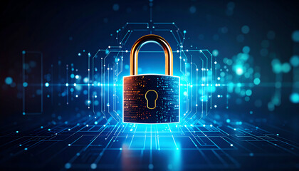 A digital padlock symbolizes cybersecurity, surrounded by glowing data patterns, representing protection and encryption in the digital world