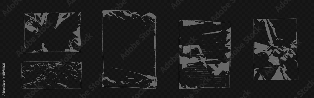 Poster worn paper texture frames on transparent bg - distressed rectangular borders with torn edges, faded 