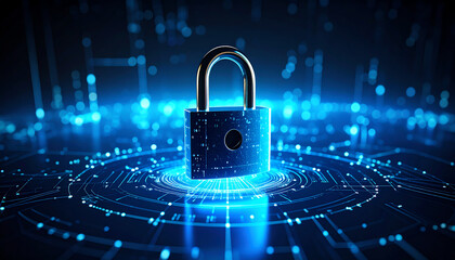 A digital padlock glows against a futuristic background, symbolizing cybersecurity and data protection in a technologically advanced world
