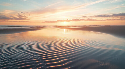Fototapeta premium Tranquil beach sunset with soft ocean ripples reflecting colorful sky, peaceful seascape capturing serene natural beauty and relaxing evening light perfect for calm and nature themes 
