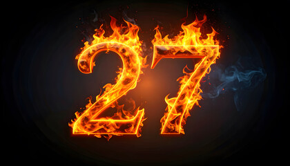 Fiery Number 27 on Black Background with Smoke and Sparks