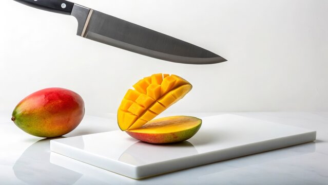 A mango being cut by a knife on a white cutting board with another mango beside it on white background