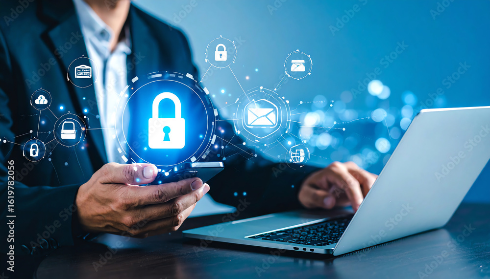 Poster a person in a suit holds a smartphone displaying a lock icon, symbolizing cybersecurity, while worki