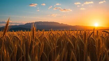 Serene countryside with golden wheat fields and distant mountain horizon