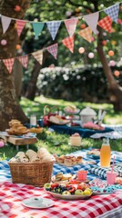 Fototapeta premium Vibrant and Festive Outdoor Picnic Celebration in a Lush Garden Setting, Adorned with Colorful Decorations and Delicious Food for a Joyful Summer Gathering.