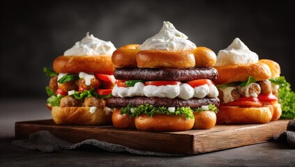 Three gourmet burgers with creamy topping on a wooden board
