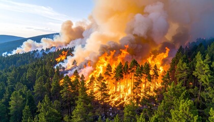 Devastating wildfire engulfs a dense pine forest on a mountainside, with intense orange flames and thick smoke billowing upwards.