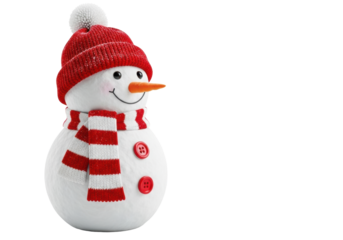 Cheerful snowman in red knitted hat with white pom-pom, striped scarf, button eyes, carrot nose, fine snow dust, against a clean transparent background, studio-lit, 3/4 view, cheerful winter holiday