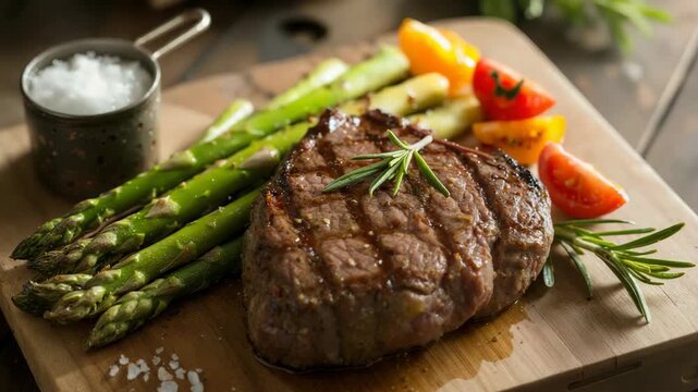 Grilled beef steak with asparagus and cherry tomatoes on cutting board.