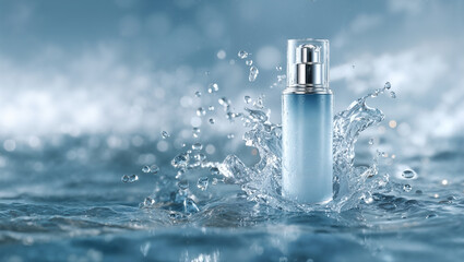 Blue cosmetic spray bottle with metallic cap splashing water droplets on reflective wet surface with bokeh light background in beauty skincare concept