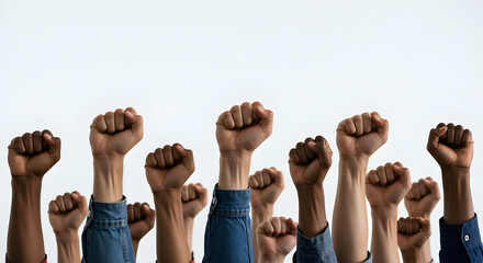 Fototapeta premium Close-up of diverse raised fists symbolizing unity, strength, and solidarity. 
