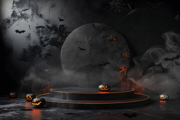 Naklejka premium Dark Halloween mockup with black podium and spider web details,