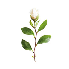 Single white magnolia bud on stem with leaves