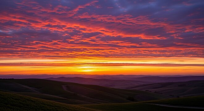 A vibrant sunset over rolling hills with a colorful sky filled with scattered clouds and bright horizon