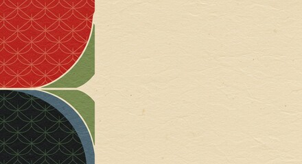 Modern Japanese design border with asanoha and seigaiha patterns inside circles on a washi paper background.