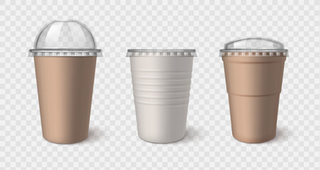 Plastic takeaway cups with transparent lid - brown and white disposable coffee containers. Paper beverage vessels with dome and flat covers for hot or cold drinks. Realistic takeaway glasses mockups © klyaksun