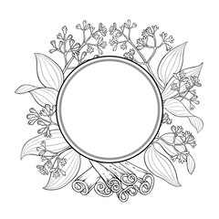 Cinnamon Branch with Flowers and Leaves Outline Round Frame. Organic natural nutritional healthy food ingredient, vegetarian diet product. Vector isolated for design or decoration.