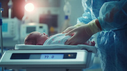 Newborn baby being weighed on a hospital scale immediately after birth while nurse records measurements, showing essential first steps in postnatal care, copy space included