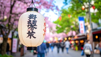 Illuminated Japanese Lantern Hanging with Cherry Blossoms and Blurred Street Scene