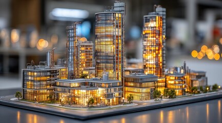 Illuminated architectural model of a city with modern buildings and industrial structures