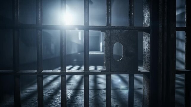 View from inside a prison cell with iron bars and ambient hallway light, suitable for thriller scenes