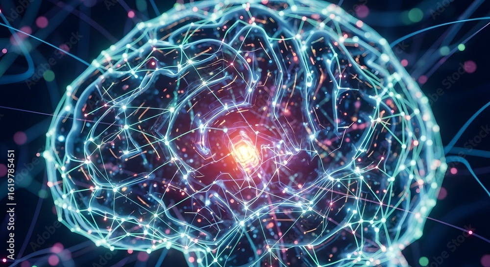 Poster digital brain with glowing neural network connections