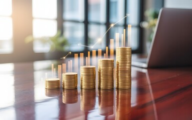 Stock market trends financial planning golden coins bar chart bright office environment