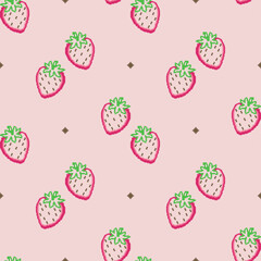 Seamless pattern with pixel art strawberries on a pink background.