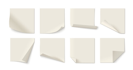 White sticky note collection - blank memo sheets with curled corners, rolled edges, folded positions. Realistic adhesive paper squares for office reminders, message boards or desktop organization.