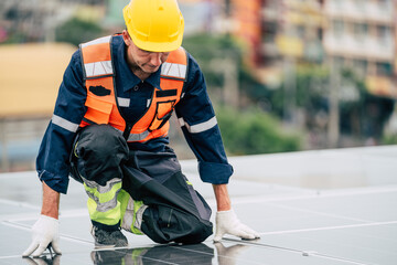 Worker installs solar panels on rooftop in urban environment during daylight hours