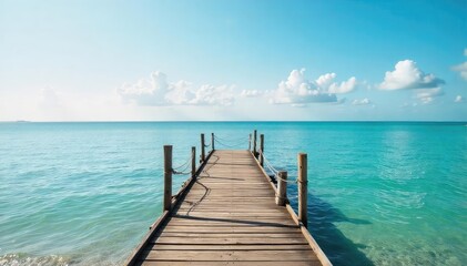 Obraz premium Rustic wooden shore dock extending into calm, clear water Ideal for summer, vacation, travel, and nautical themes Perfect for relaxation and peaceful scenery imagery , wooden, planks