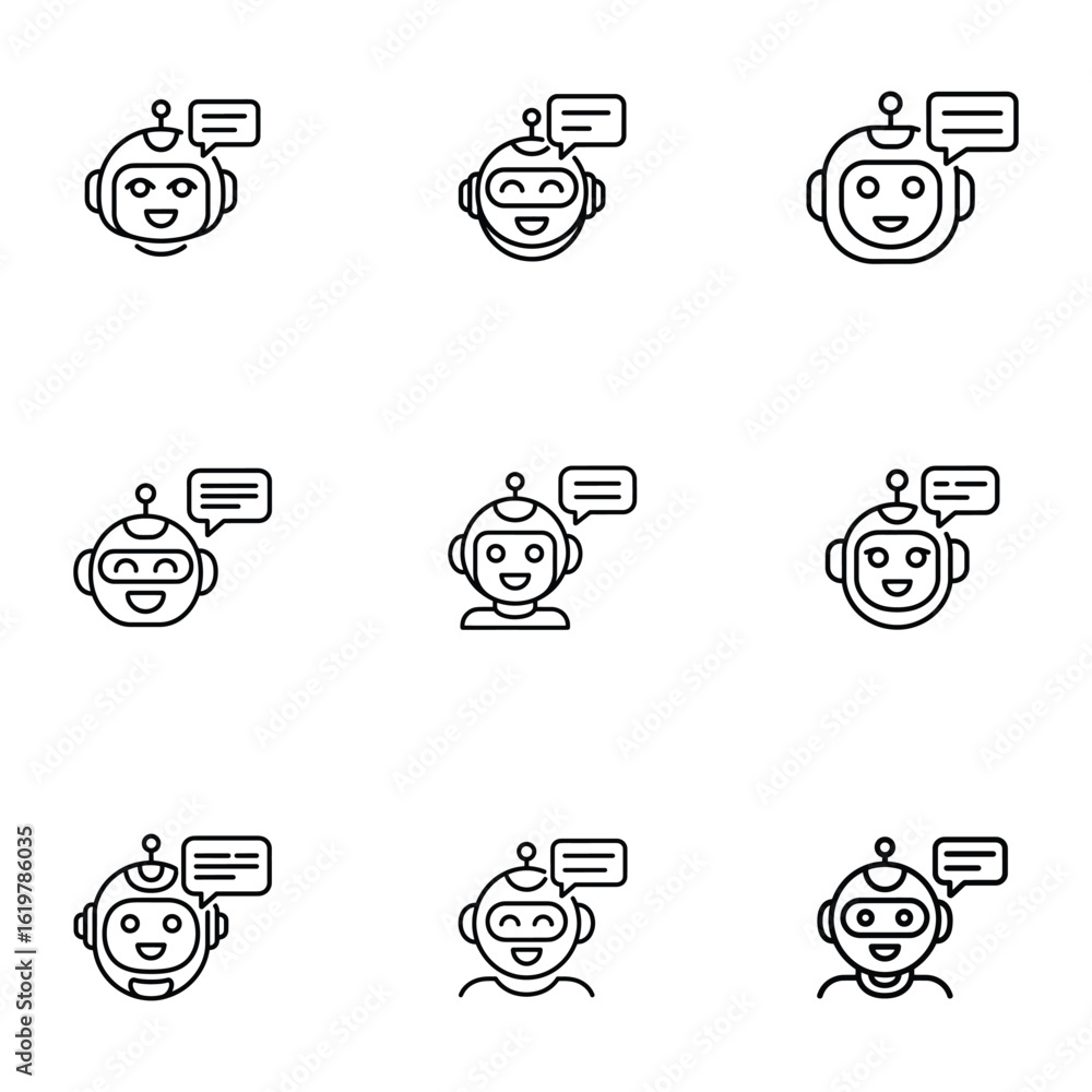 Poster set of cute chatbot icons with speech bubbles in outline style design