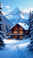 Fototapeta premium Cozy mountain chalet nestled amidst snow-capped peaks, offering stunning views and a rustic, inviting atmosphere perfect for a winter getaway , nature, mountainscape, serenity